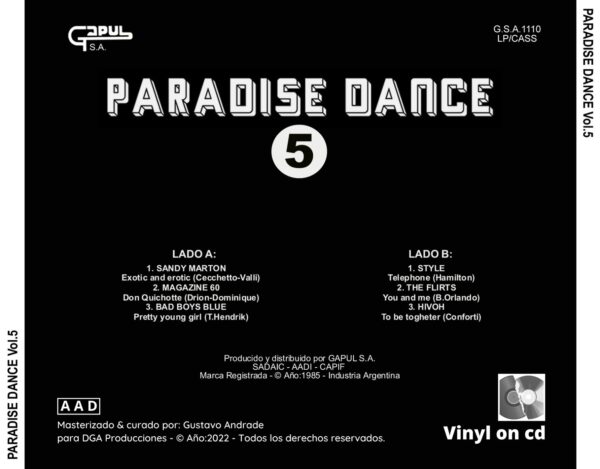"Portada trasera del disco Paradise Dance vol.5 bolichero argentino"