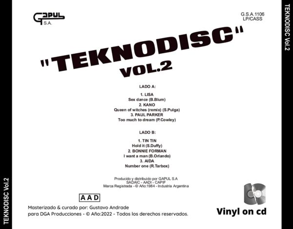 "Portada trasera del disco Teknodisc vol.2 bolichero argentino"