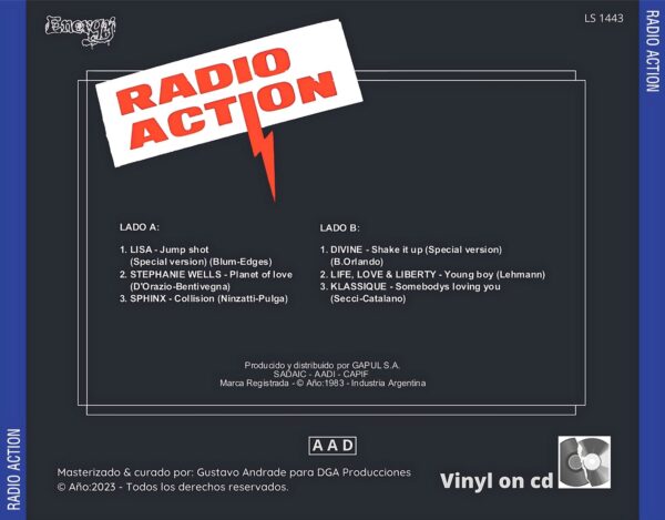 "Contraportada del álbum Radio Action vol.1 de la discografía Gapul, clásico bolichero argentino"