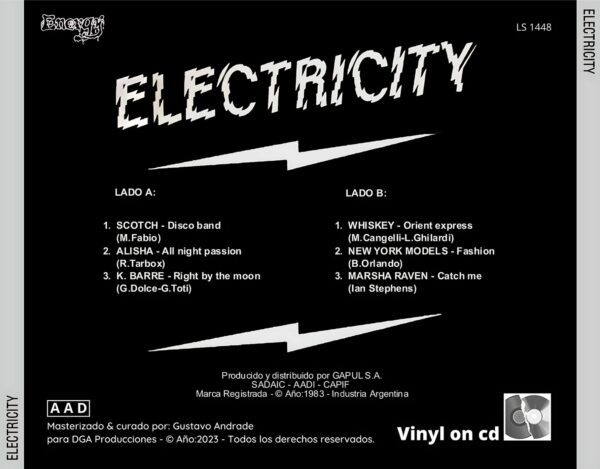 "Contraportada del álbum Electricity vol.1 de la discografía Gapul, clásico bolichero argentino"