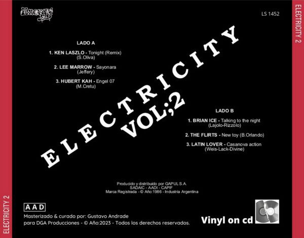 "Contraportada del álbum Electricity vol.2 de la discografía Gapul, clásico bolichero argentino"