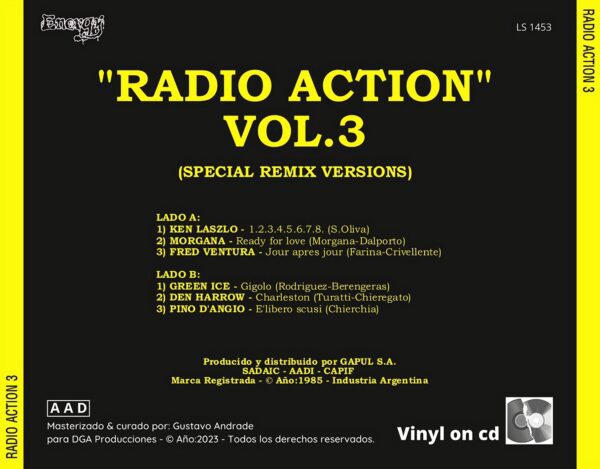 "Contraportada del álbum Radio Action vol.3 de la discografía Gapul, clásico bolichero argentino"
