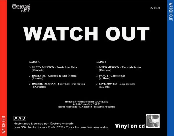 "Contraportada del álbum Watch Out de la discografía Gapul, clásico bolichero argentino"
